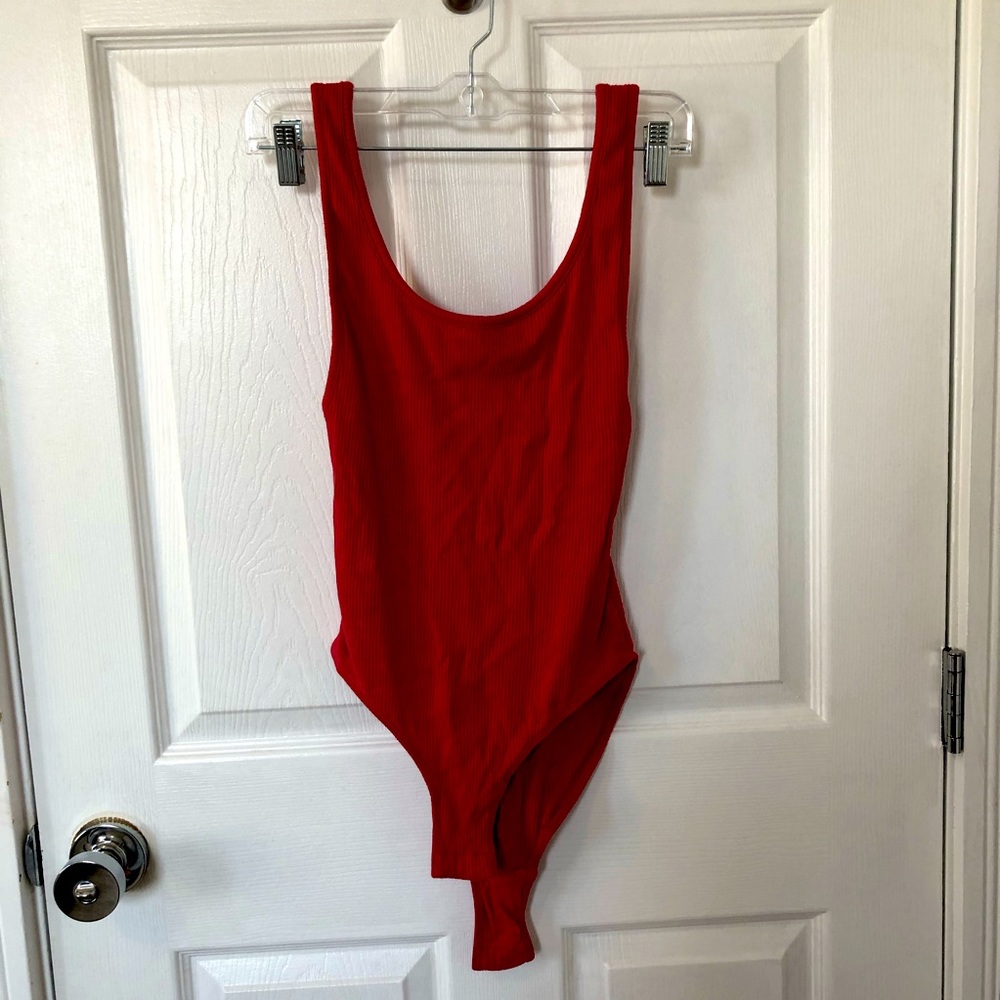 Forever21 Red Ribbed Backless Bodysuit
